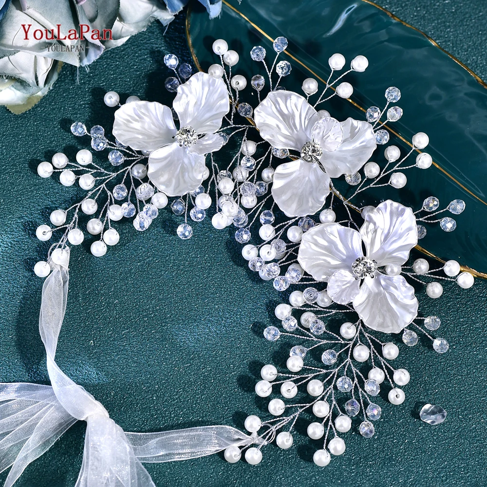 

YouLaPan Bride Pearl Crystal Wide Hair Band White Color Beaded Flower Wedding Headpieces Hair Accessories Handmade Tiara HP820