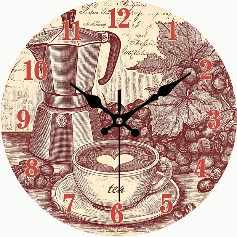 1pc, Retro Coffee Theme Wooden Wall Clock Silent Round Timepiece, Perfect Decor for Bedroom, Living Room, Office