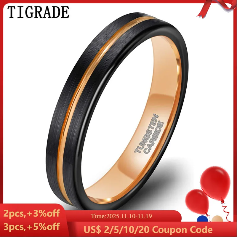 

TIGRADE 4mm Tungsten Ring Wedding Bands for Men Women Thin Groove Two Tone Engagement Ring Blue and Rose Gold Color Size 5-12