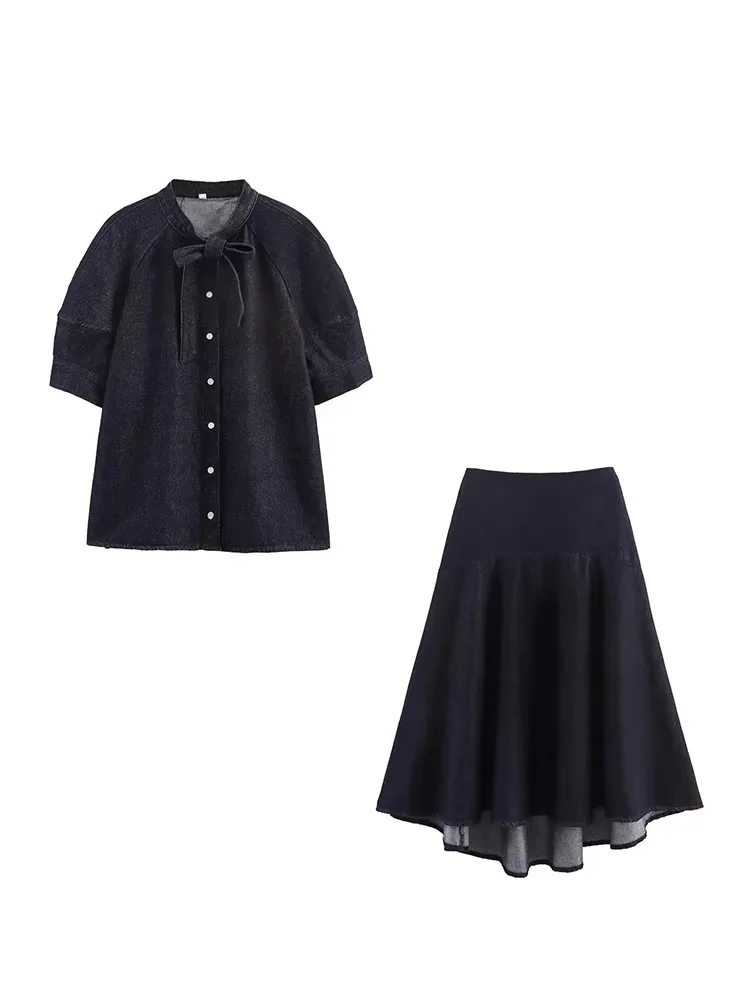 HH Abiti casual in denim da donna Camicia monopetto con decorazione con fiocco + Gonna longuette a pieghe con cerniera in vita elastica Set di gonne solide