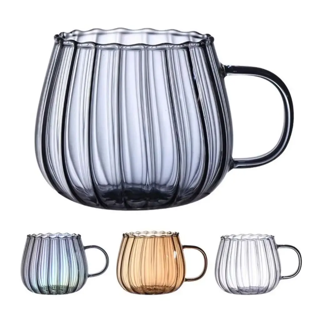 With Handle Transparent Glass Cup Comfortable Grip 400ml Stripe Clear Mug Large Capacity Anti-scald Pumpkin Pattern Drinkware