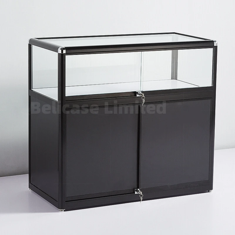 Custom, glass display for smoke showcase cabinet with rectangle shape black wooden for shop