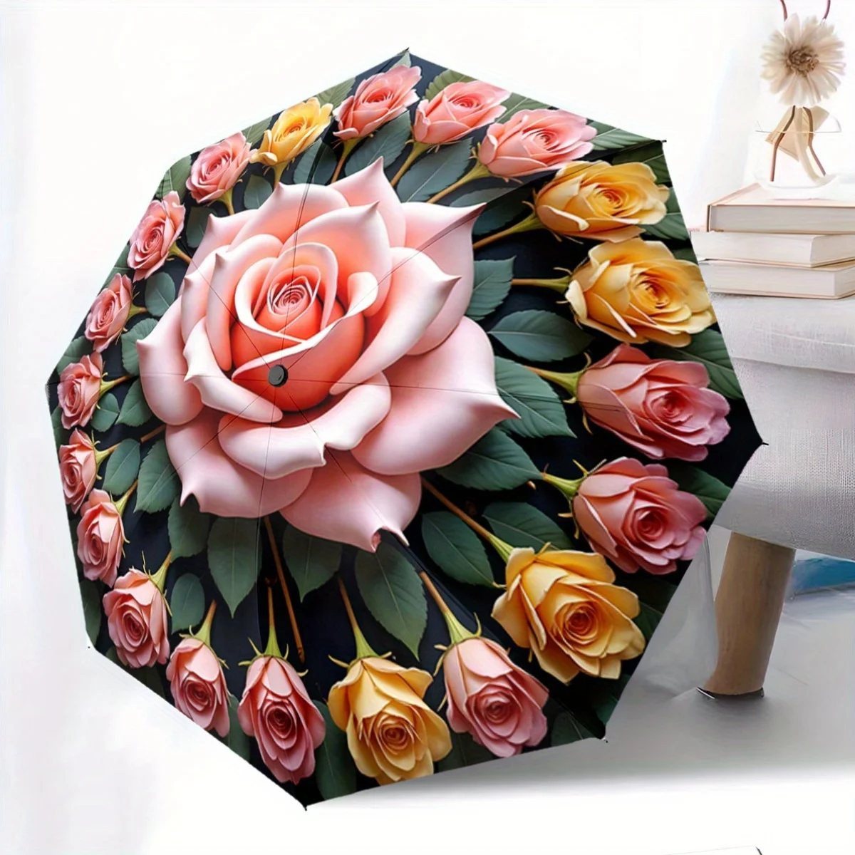 

Автоматический складной зонт с крупными и мелкими розами - портативная складная конструкция, 8 железных каркасов, прочный материал 210T