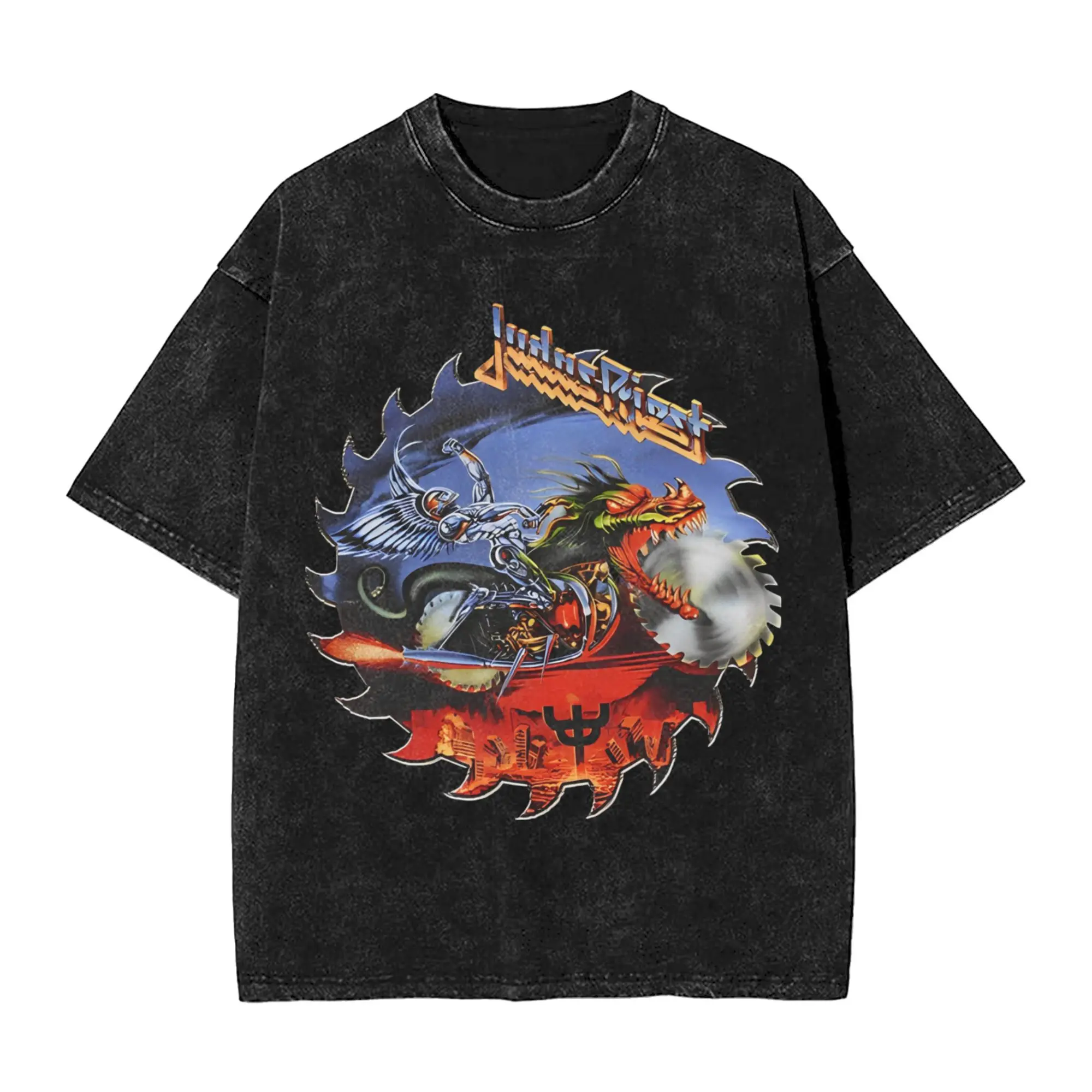 

Промытые футболки Judas Priest Buzzsaw, футболка большого размера в британском стиле Heavy Metal Band, уличная одежда, футболки с графическим принтом для мужчин и женщин
