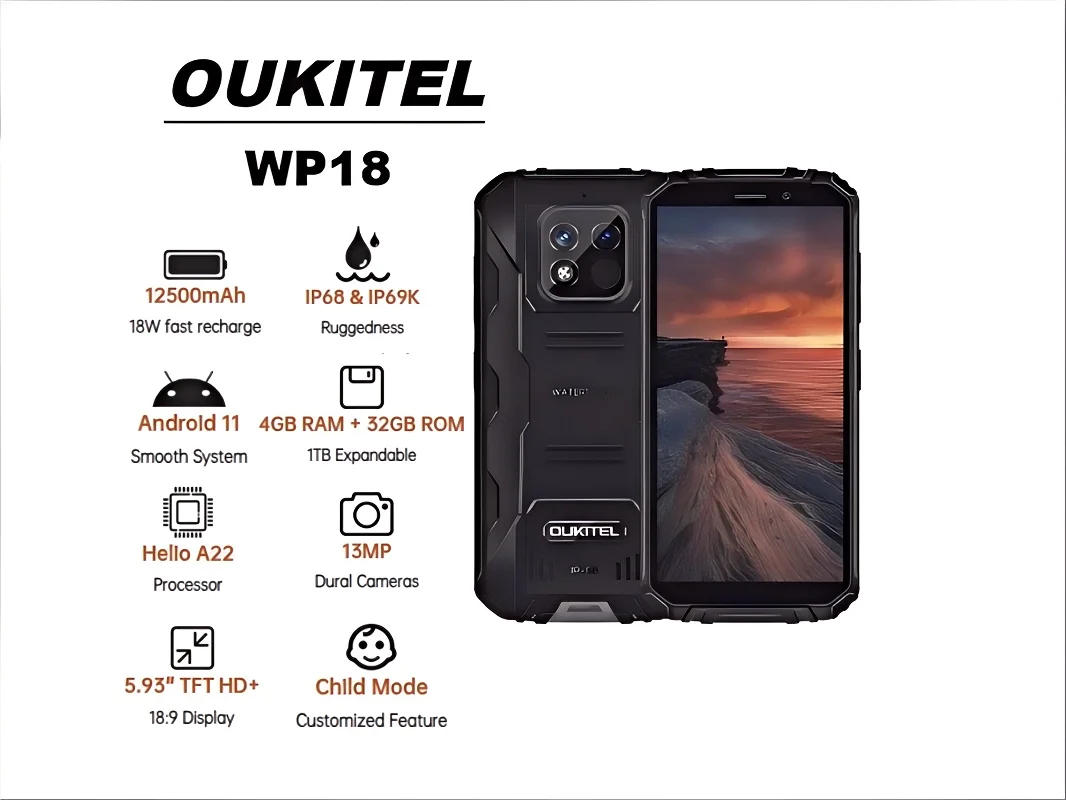 Oukitel WP18 4G Rugged Smartphone 5.93-inch 12500mAh Big Battery 13MP Camera Android 11(4GB+32GB), Supports reverse charging