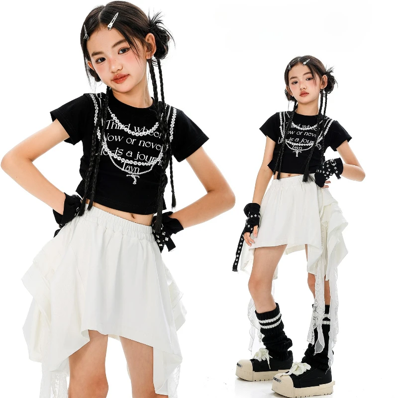 

Girls Jazz Dance Costume Summer Street Wear Hip Hop Performance Suit Black Short Sleeve Navel Top White Skirt Fashion Outfits