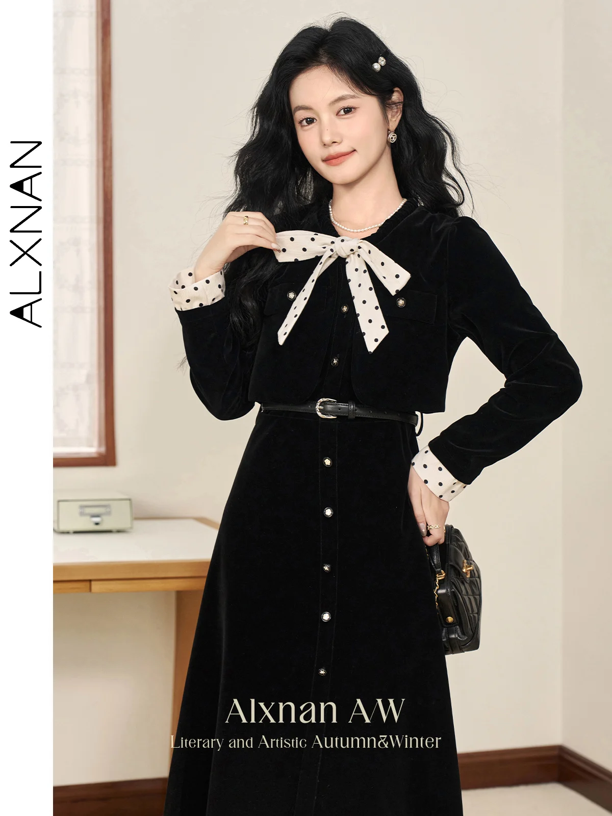

ALXNAN Women's Black Dress Vintage Velvet Fake Two-piece Polka Dot Bow V-neck Dresses 2025 Fall Winter Female Clothing L51027