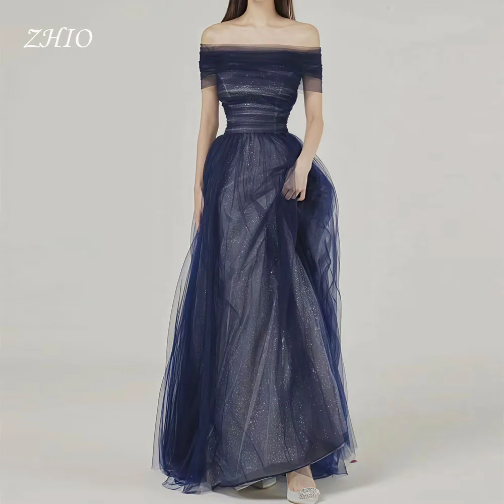 ZHIO لامعة الأزرق الداكن تول فستان حفلات الزفاف قبالة الكتف طول الأرض 2026 فستان سهرة كوريا تبادل لاطلاق النار فستان زفاف مخصص