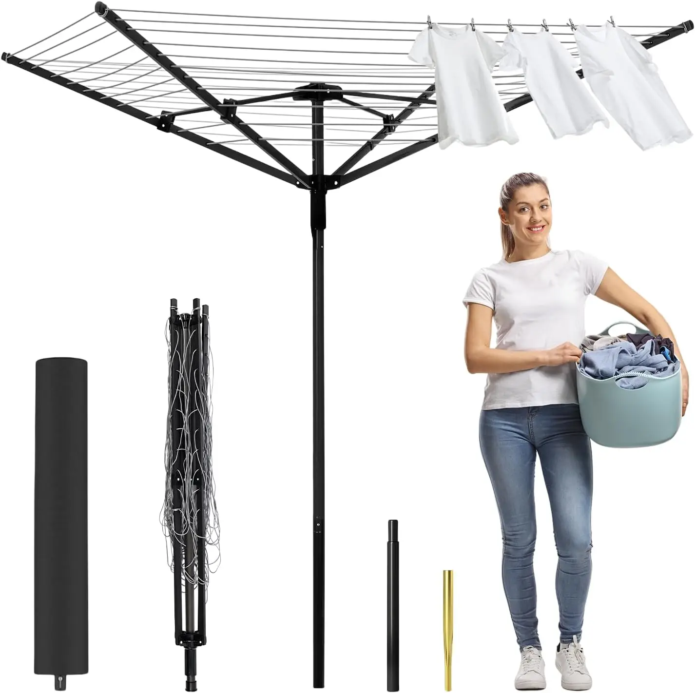 

Уличная сушилка для зонтов, складная вращающаяся сушилка с 4 алюминиевыми кронштейнами и 12 линиями для развешивания, регулируемая высота для сада и двора
