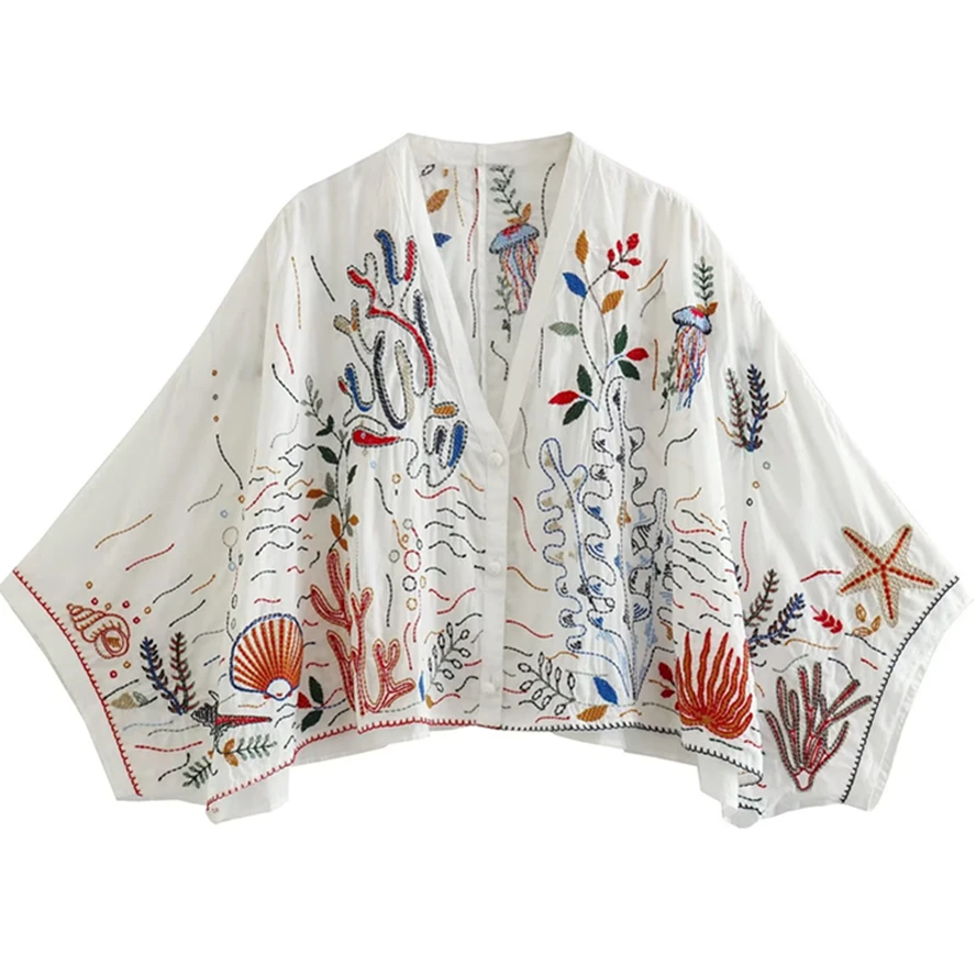 

Dave&Di Moroccan Bohemia Retro Shirt Cotton Embroidered Bat Sleeve Loose Kimono Top Women Blouse