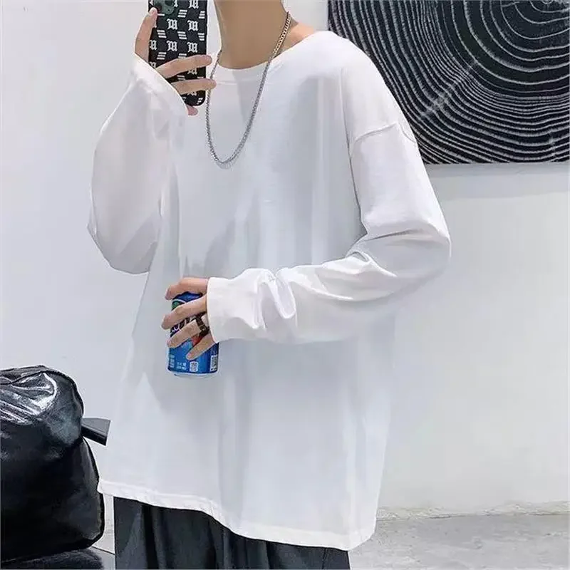 Men's Solid Color Base Layer Round Neck T-shirt Couple's Spring Autumn Long Sleeve Sweatshirt Japanese Style Inner Wear