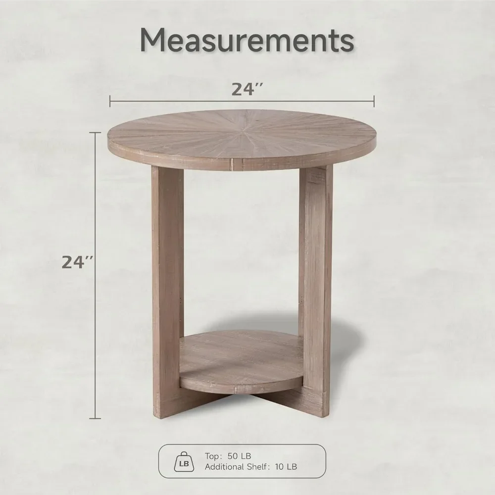 Ronde Houten Eindtafels Met Opslag, Rustieke Boerderij Accenttafel Met Distressed Houten Blad, Cirkeltafel Voor Woonkamer