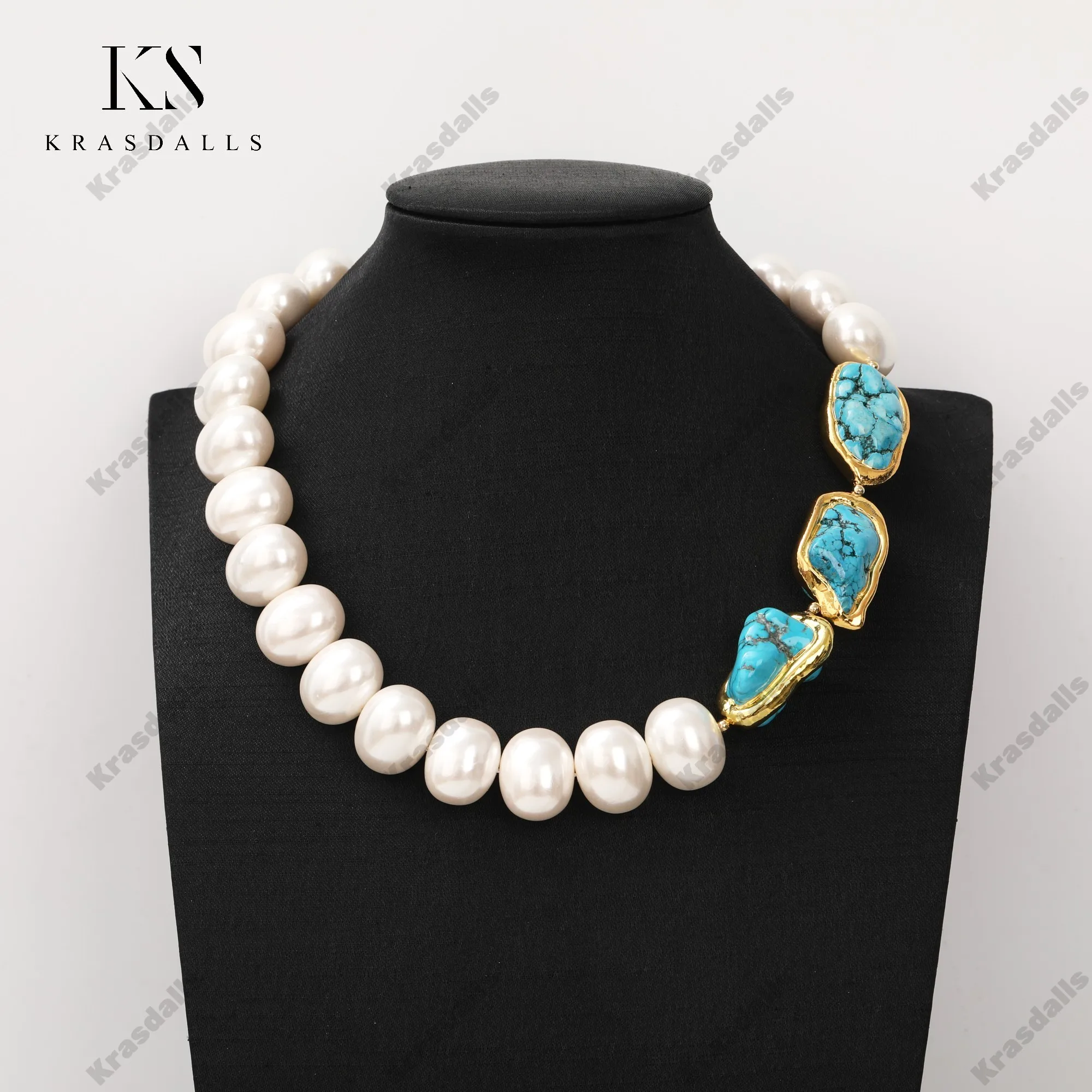 18-Inch White Shell Pearl with Turquoise Beaded Necklace Gold Plated Brass Bohemian Style for Parties
