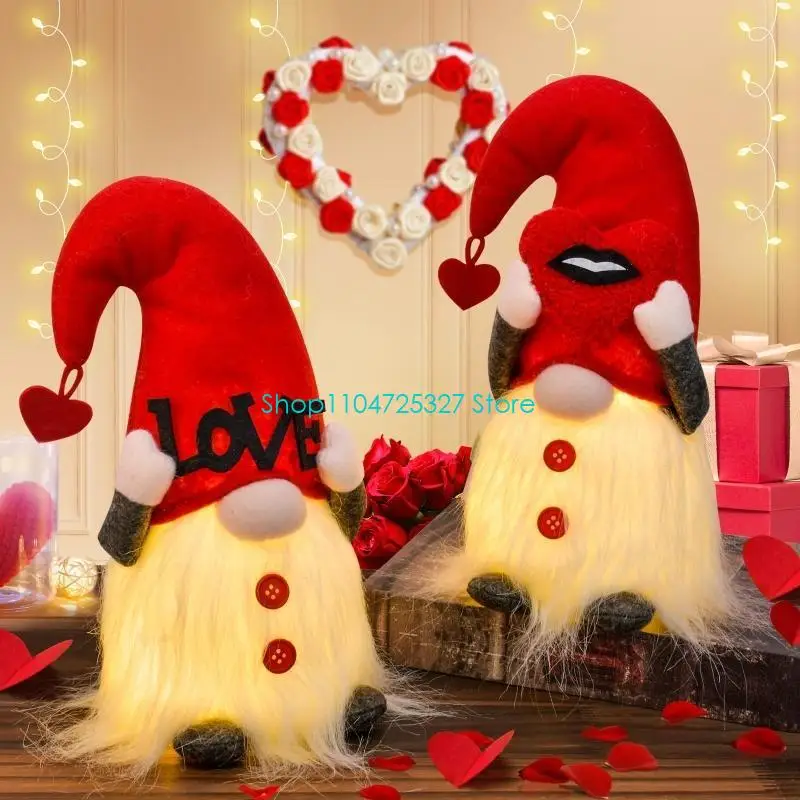 

D8KF Valentines Day Gnome Plush Scandinavian Tomte Elf Decorations LED Light Ornaments Swedish Tomte Dwarf Figurines