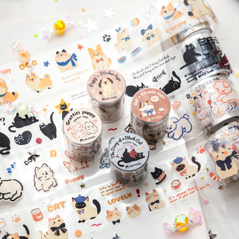 Niedliches Cartoon-Katzen-Welpen-Scrapbooking-Klebeband, Schreibwaren, Bastelbedarf, Journaling, Tagebuch, Dekorationsmaterial, transparentes PET-Klebeband
