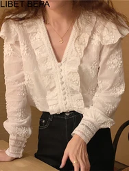 BL9308A New 2023 Chic Shirts Patchwork Embroidery Korean Fashion Women Blouses Spring Summer V-neck Elegant Lady Vintage Tops