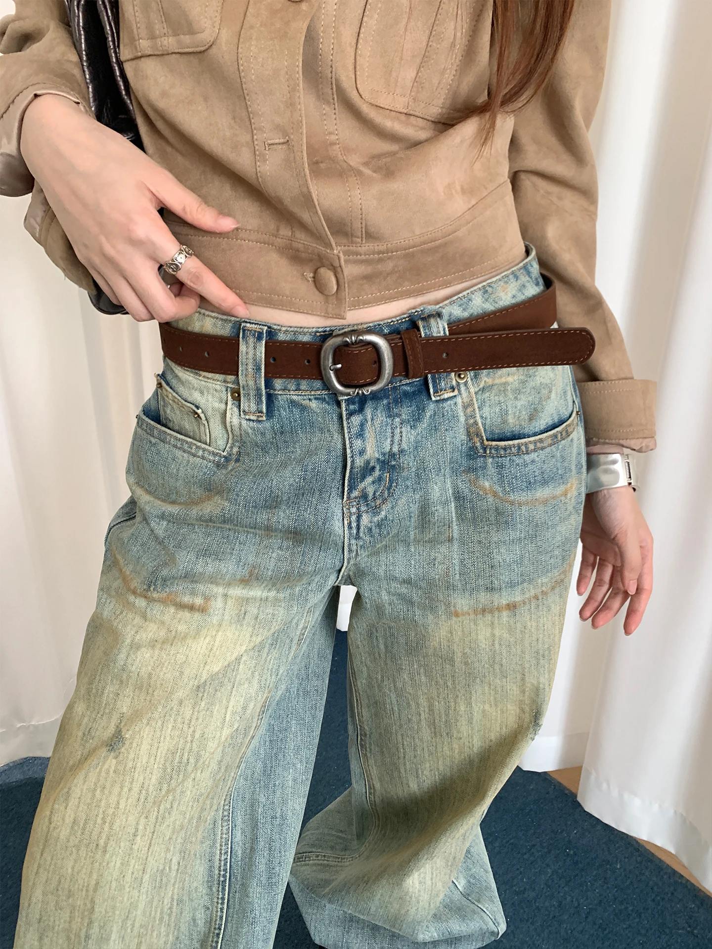American Vintage Suede Embossed Belt Women's Designer Niche Metal Buckle Leather Belt Accessory Matching Jeans Belt