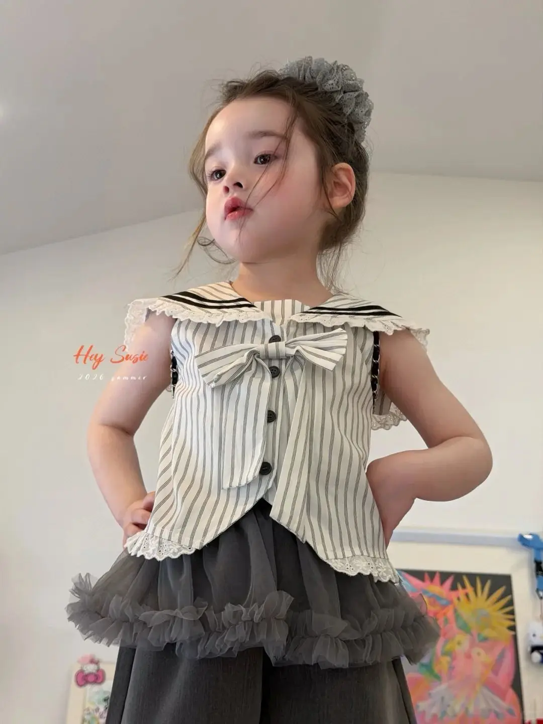 

Girls Set 2026 Summer New Navy Collar Top Sleeveless Striped Shirt Lace Shorts Two Piece Set