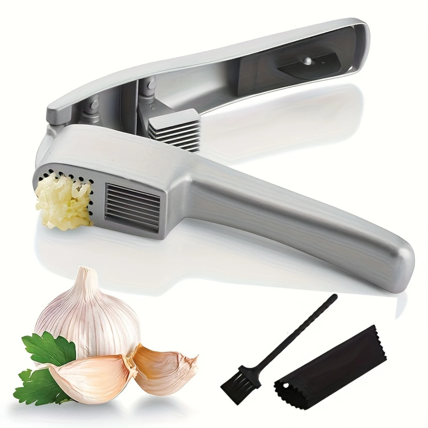 Effortless 2in1 Stainless Steel Garlic Press & Slicer Set - 3pcs - Premium Quality Kitchen Gadgets with Washable Mincer, Chopper