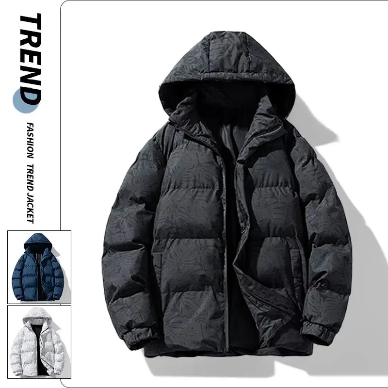 2024 Winter Men's Parka Warm Pure Cotton Outdoor Windproof Solid Color Hooded Jacket with Vertical Collar Zipper Cotton Coat