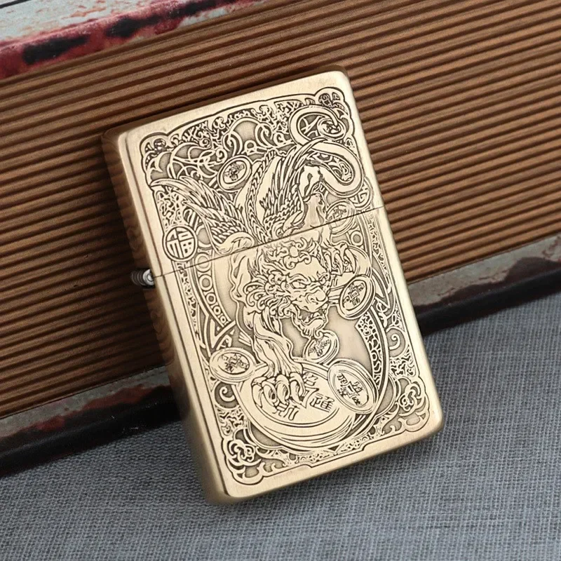 ZORRO Brass Ultra Thin Double Sided Carved Windproof Kerosine Lighter Vintage Grinding Wheel Ignition Unusual Lighters Smoking - view 5