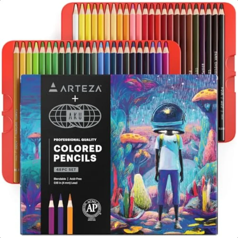 

AKU World Edition Set of 48 Colored Pencils WaxBased PreSharpened Smooth Blending Tools in Collectible Box for Adult Artists