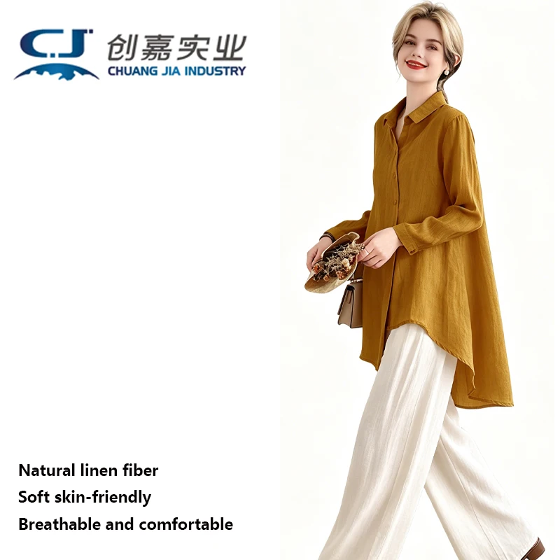

Linen Women's Shirt Original Design Medium Long Casual Shirt Loose Plus Size Fat Girl Comfortable Breathable Sweat Absorption