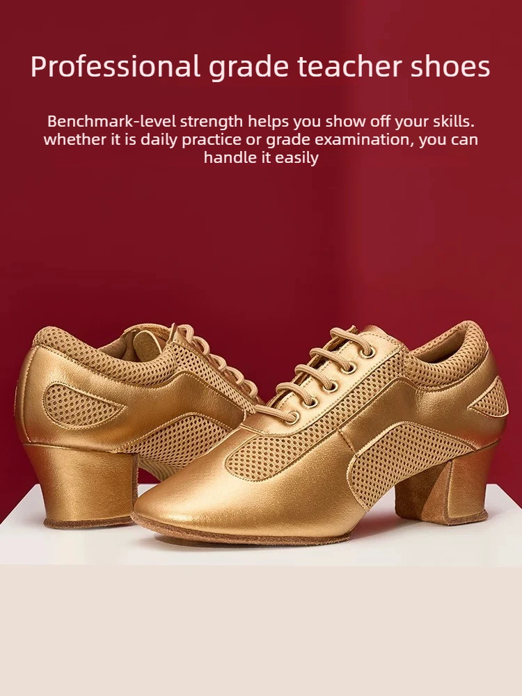 SW Latin Dance New Premium Professional Women's Leather Medium High Heel Soft Sole Dance Shoes for Teachers, Practice & Posture
