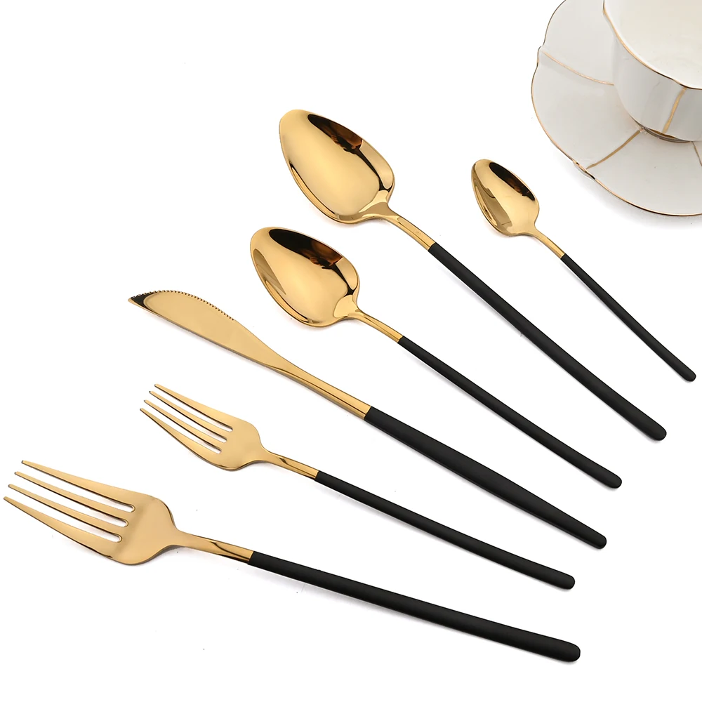 New Dinnerware Sets 18/10 Stainless Steel Flatware Forks Spoons Knives Dinner Dinnerware Set Black Gold Kitchen Silverware