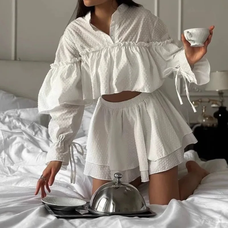 

2025 Summer New Design Niche Shirt Set Sweet and Loose Fluffy Top Short Skirt Two-piece Set for Women