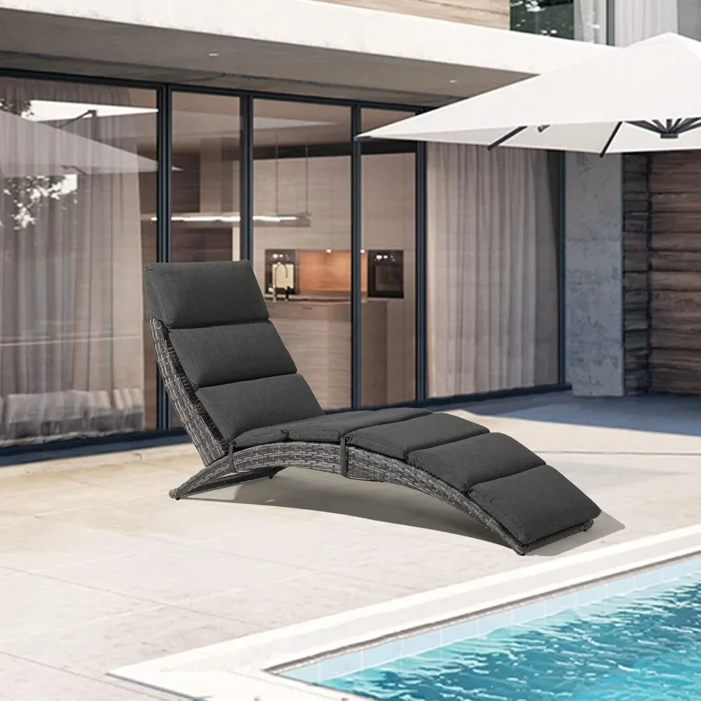 Terrace chaise longue, outdoor chaise longues, PE rattan folding chaise longue with removable dark grey cushions