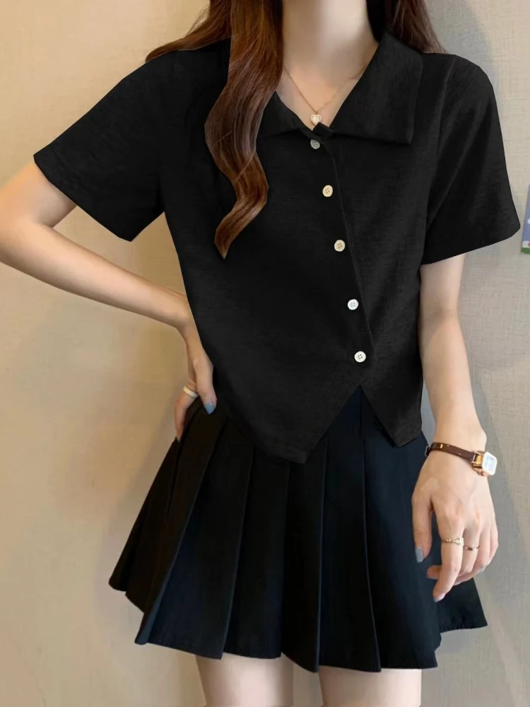 Short Sleeve T-Shirt Women Summer plus Size  Base Shirt Plump Sister Slim Design Sense Elegance Shoulder Open Split Top