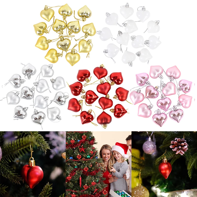 12pcs/box Christmas Pendant Plastic Heart-shaped Ornament Christmas Tree Ornaments DIY Home Decor Supplies New Year Party Gifts