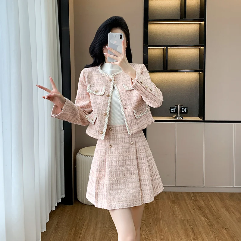 Fall Small Fragrance pink Tweed Two Piece Set Women Crop Top Woolen Short Jacket Coat + Mini Skirts Sets Sweet 2 Piece Suits