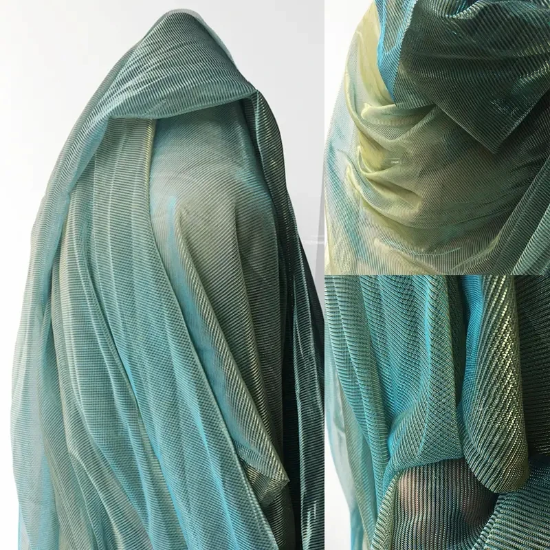 Dreamy Laser Gradient Yellow Green Blue Mesh Fabric Color-changing Perspective Dress Creative Stage Reflective Fabric