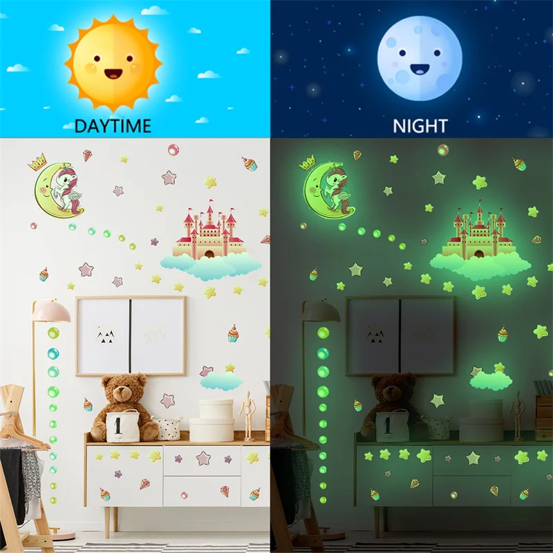 

Glow in The Dark Stars Moon Wall Decals Luminous Unicorn Castle Rainbow Room Decor for Girls Bedroom Ceiling Baby Nursery Kids