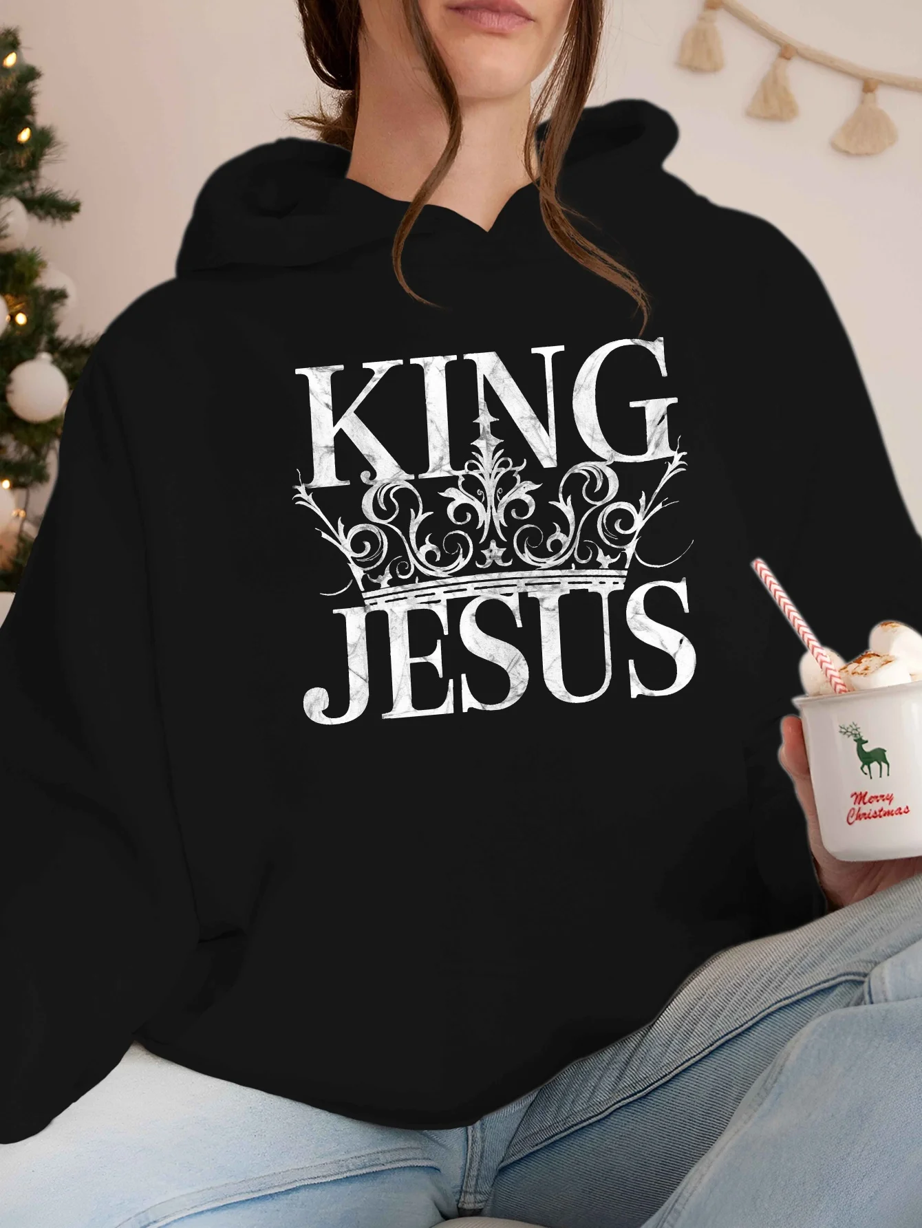 

Women's Plus Size "KING JESUS" Hoodie with Ornate Crown Design - Cozy Gray Polyester Knit Sweatshirt with
