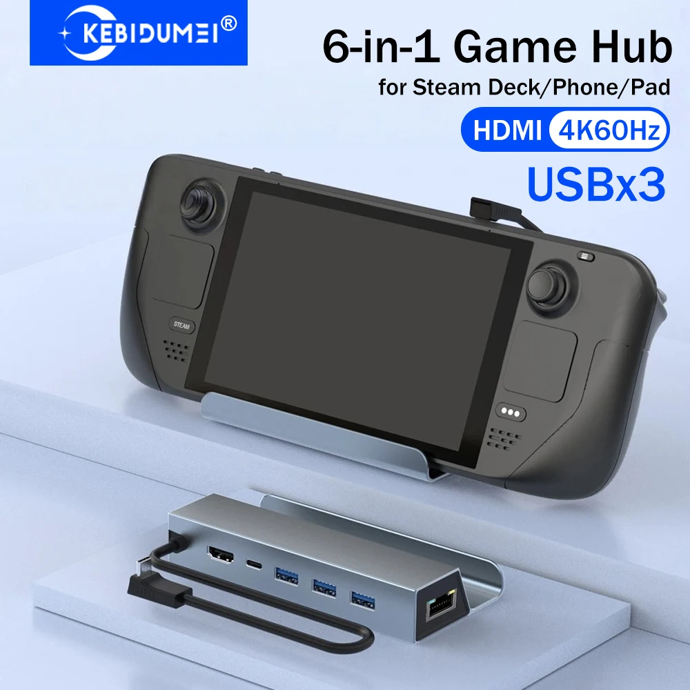 KEBIDUMEI 6 in 1 USB C HUB for Steam Deck Rog Ally USB Docking Station TYPE C to HDMI 4K@60Hz 100M Ethernet PD100W 3xUSB Hub