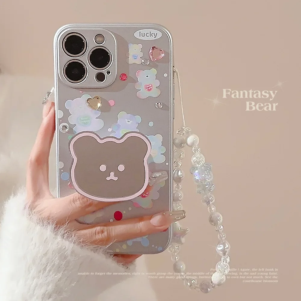 Colored Rhinestone Gummy Bear Phone Case with Holder for IPhone16 15 14 12 13 11 Pro ProMax Mini Plus XR Shockproof Phone Cover