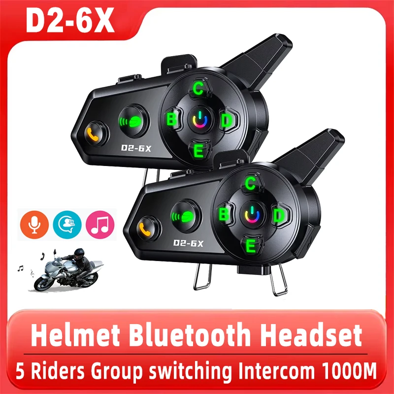 

D2-6X Мотоциклетный шлем Bluetooth-гарнитура для внутренней связи Сцена Смешивание музыки Обмена 6 гонщиков Переключение разговора 1000 м IP66 Водонепроницаемый