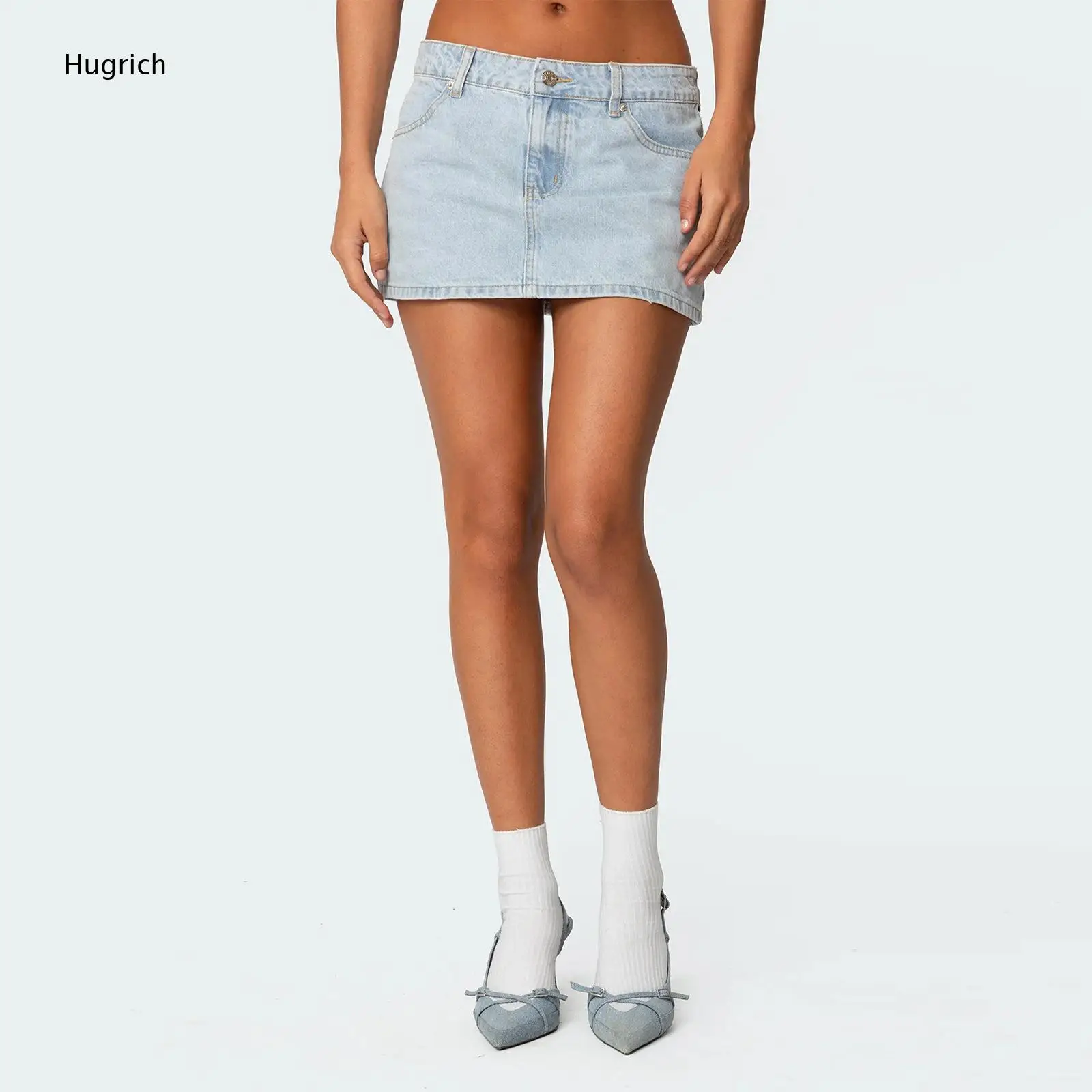 Solid Black Basic Denim Micro Mini Skirt For Women Low Rise Metal Button Closure Side Pockets Daily Streetwear Skirt view 2