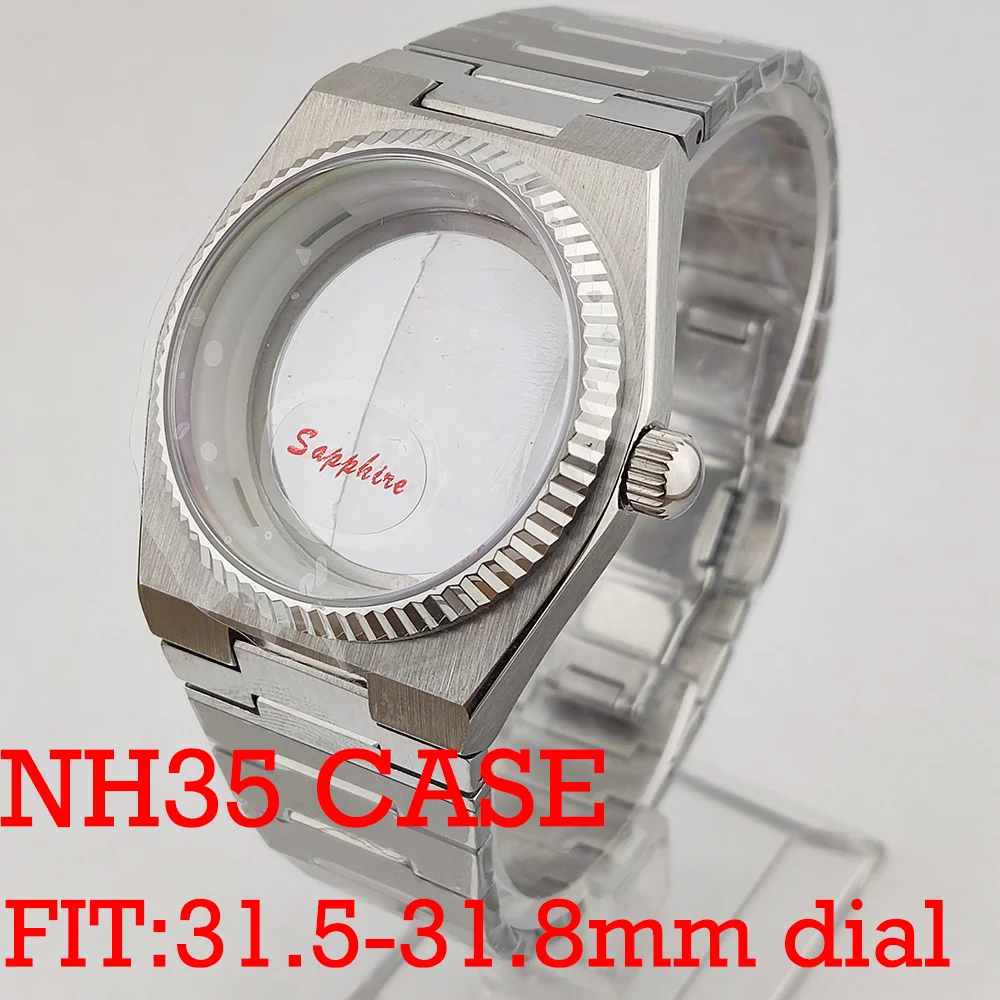 Cassa NH35 da 39,6 mm cassa in vetro zaffiro in acciaio inossidabile argento e cinturino adatto per accessori per cassa dell'orologio con movimento automatico NH35NH36