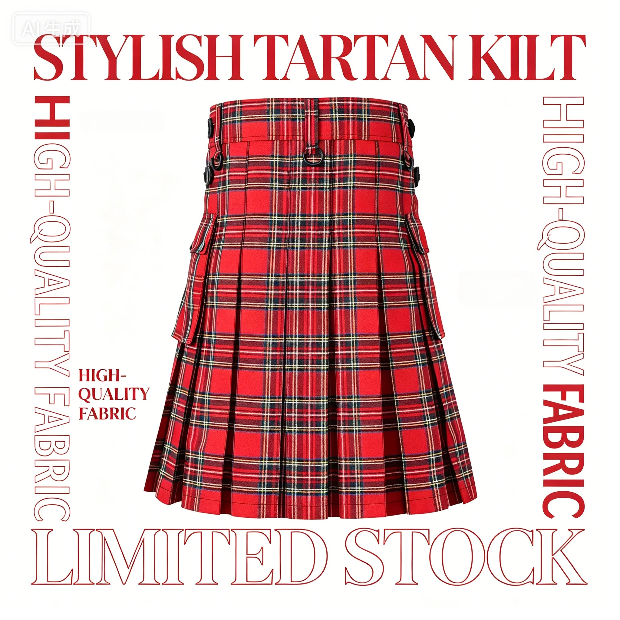 2025 Scottish Mens Traditional Kilt with Bilateral Belt Highland Tartan Pleated Male Kilt Men's Scottish Holiday Dress
