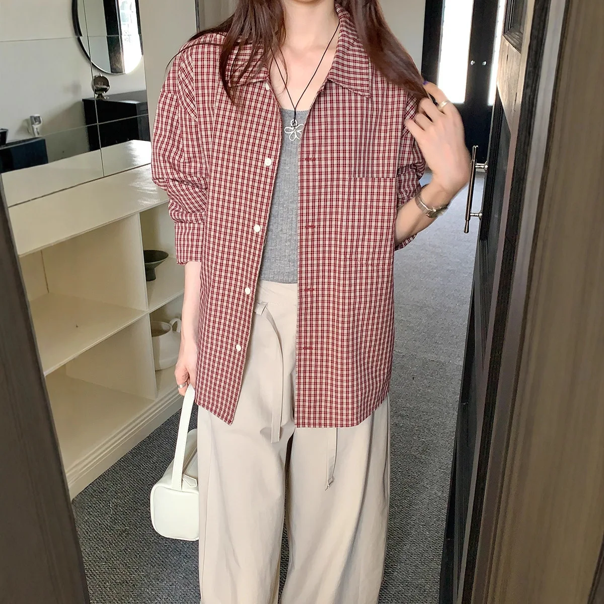 Red Plaid Shirt Autumn Women's 2025 New Loose Long-sleeved Shirt