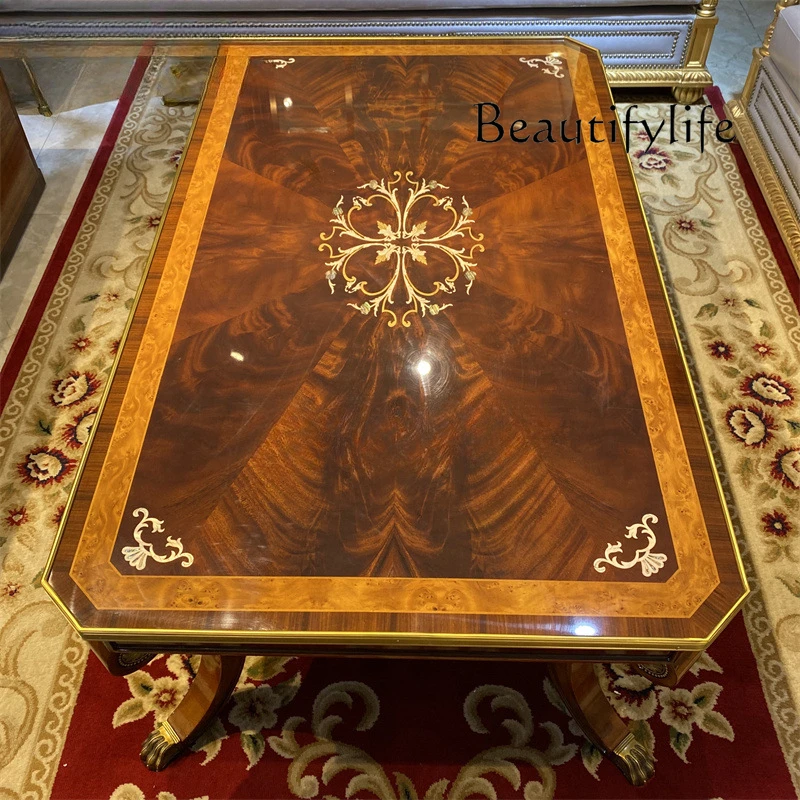 European solid wood coffee table brass inlaid rectangular tea table British court classical luxury tea table