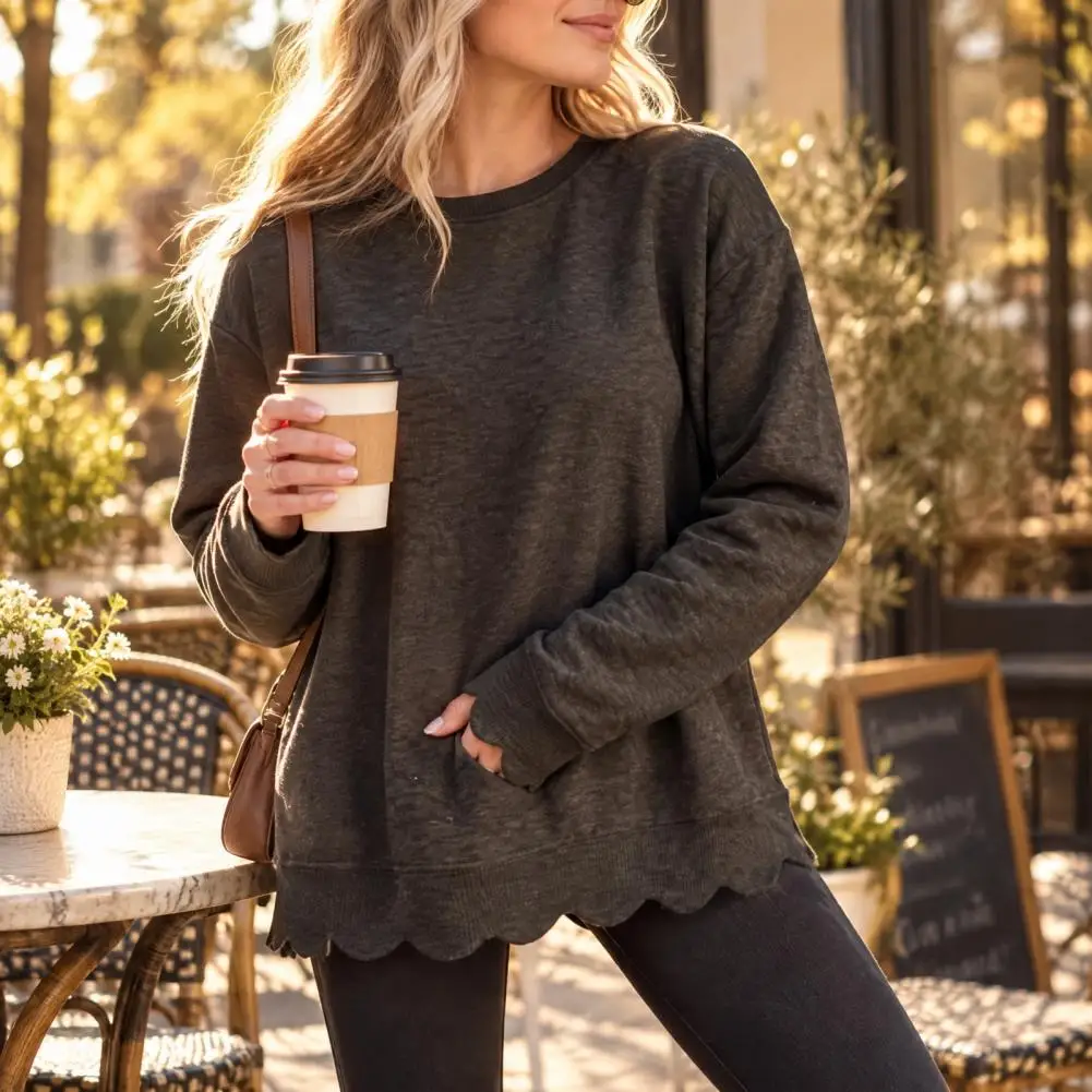 Long Sleeve Pullover Top Loose Blouse Women’s Crewneck Sweatshirt with Scalloped Hem Solid Color Long Sleeve for Spring