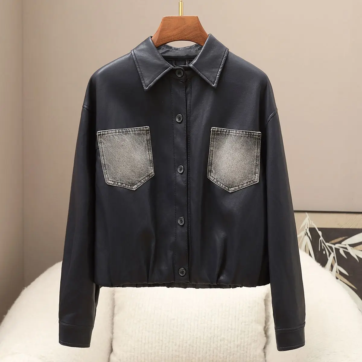 Autumn and Winter New Pu Jacket Fashionable Denim Patchwork Leather Coat for Women