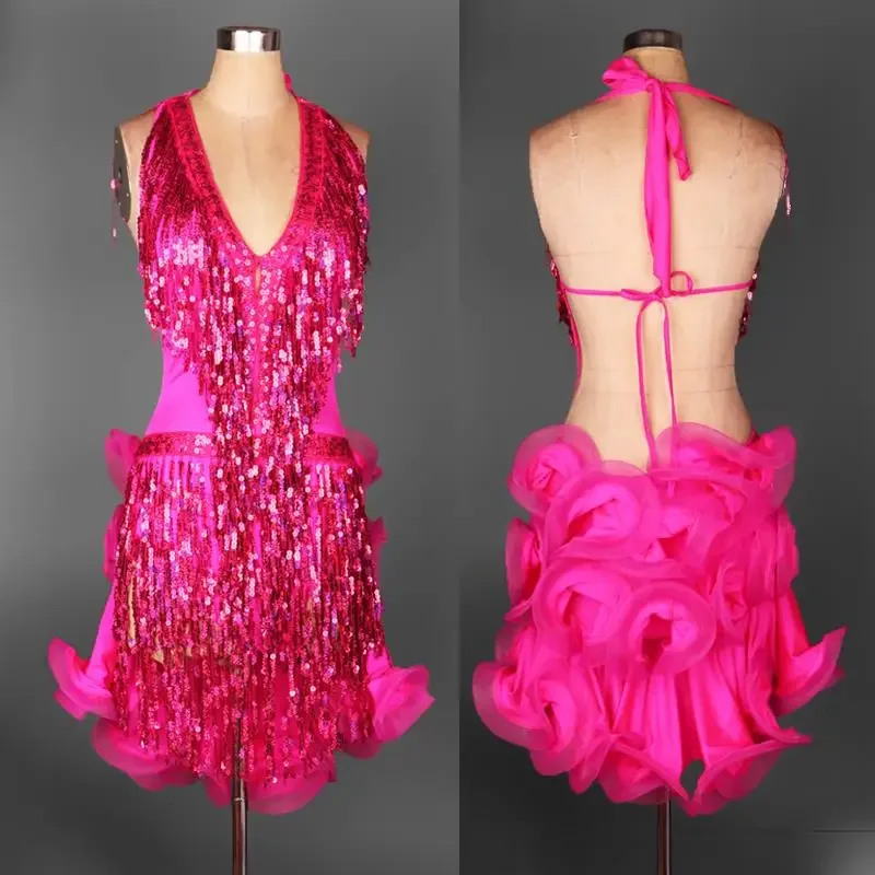 Vestido de baile latino para mujer, traje profesional verde con flecos de samba, vestidos de competición de salón coloridos con borlas