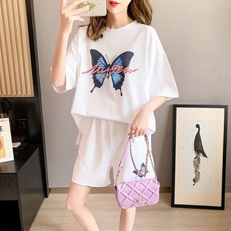 Women Loose Casual Fitness Plus Size Two Piece Sets Butterfly Printed Short Sleeve T-shirt Sportwear 2025 Summer New Sports