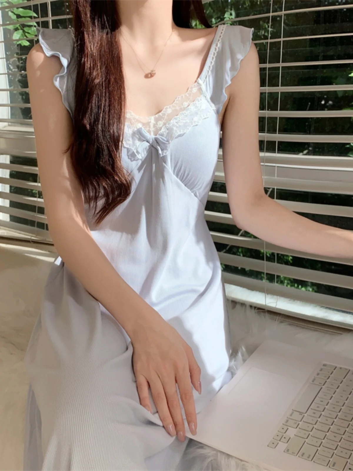 

Summer Pure Desire Lace Sleepwear Women's New 2025 Cool Sensual Long Gown with Chest Pad Home Clothes V-neck Long Skirt